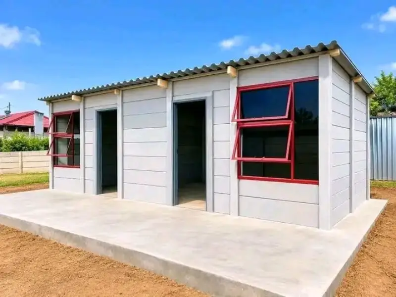 Precast double rooms with red-framed windows on concrete slab